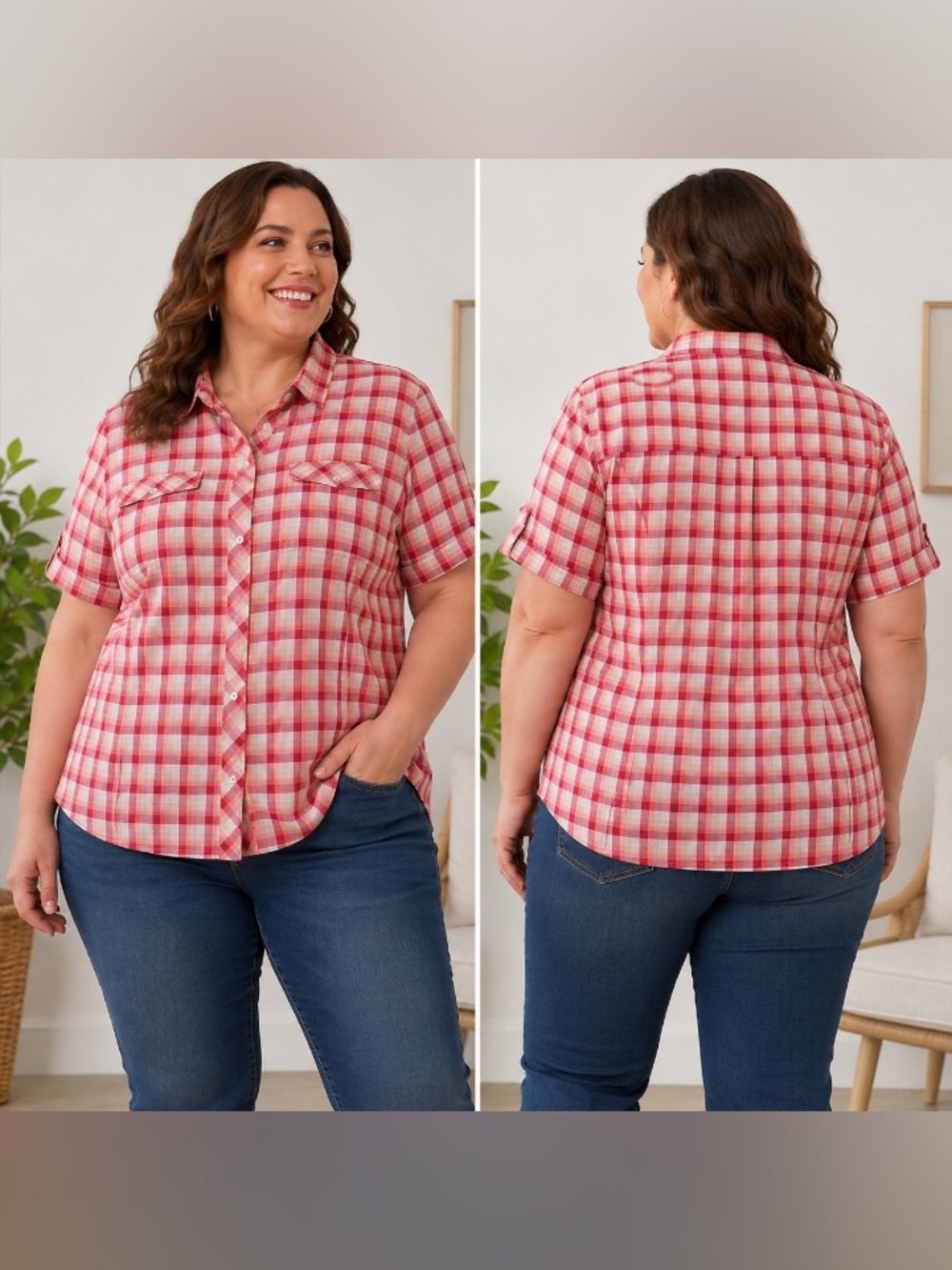 Eddie Bauer Classic Fit Plaid Button Front Shirt Women’s 2XL Cotton Stretch